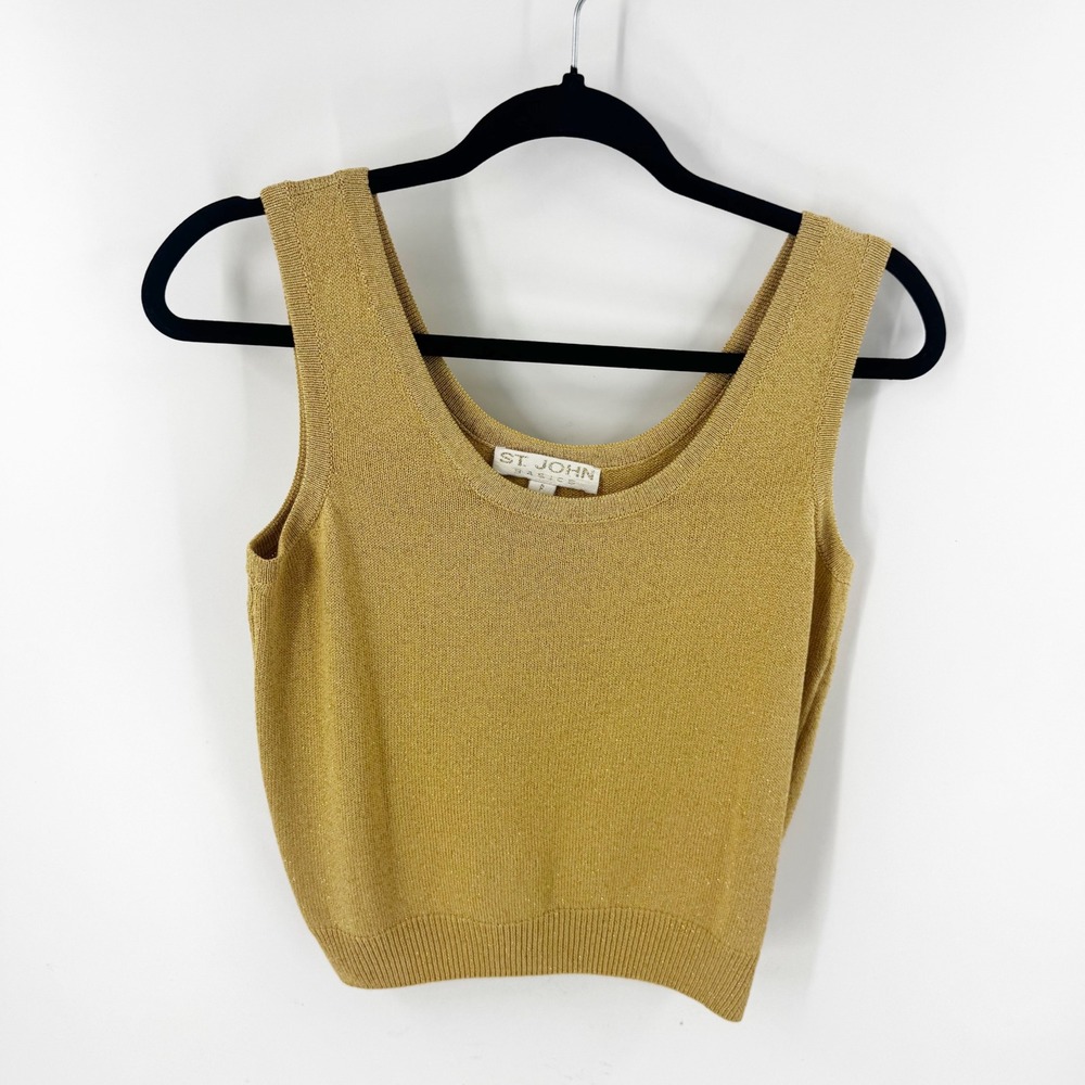 St John Basics Gold Metallic Knit Scoop Neck Tank Top Womens Petite SMALL